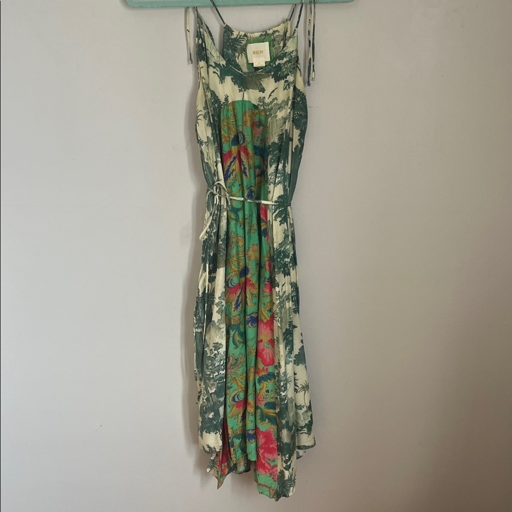 Anthropologie Maeve Asymmetrical Dress in Green and Pink Floral.  Size M